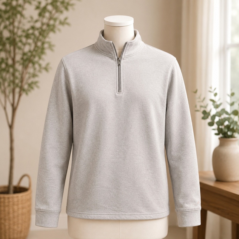 Van Heusen Quarter Zip Pullover Mens Small Gray Ribbed 100% Cotton Long Sleeve